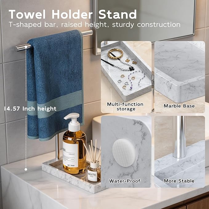 Volnamal Hand Towel Holder, 2 in 1 T-Shape Hand Towel Stand for Bathroom with Marble Base Tray, Hand Towel Rack Standing for Vanity Kitchen Countertop, Stainless Steel (Brushed)