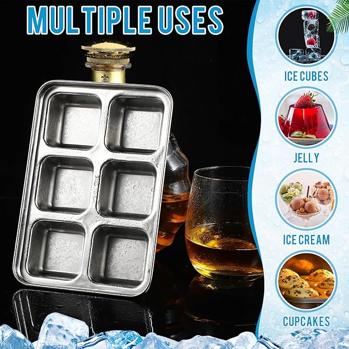 Domensi 4 Pack Stainless Steel Ice Cube Trays for Freezer Metal Ice Cube Trays with Lid Easy Release Molds Durable and Dishwasher Safe for Bars Kitchens Cocktail Freezer Whiskey