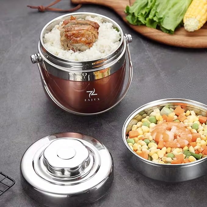Stainless Steel Lunch Box Rose Gold for Adults, Large Capacity 51 oz (1,5L), Double compartment, Keeps food Fresh and Warm, Ideal for Work and Travel, Leak-Proof, Portable. Includes Special Bag.