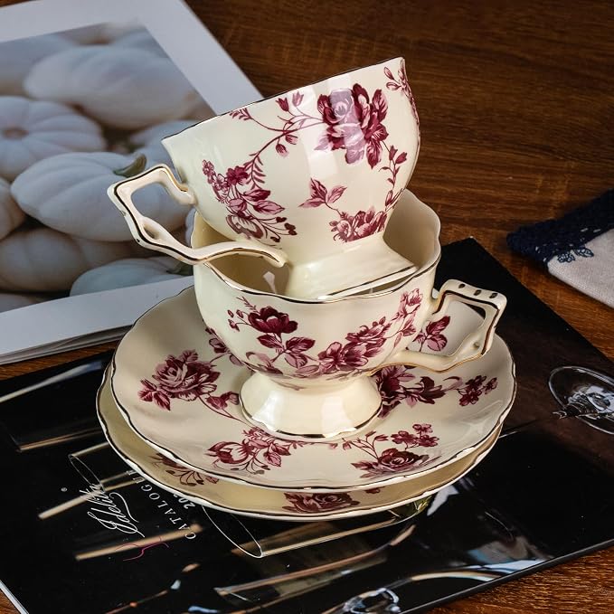 KAMMAK Tea Cups and Saucers Set of 2, Porcelain Coffee Cups, 7-Ounce Stackable Espresso Mugs, Ceramic Demitasse for Coffee, Latte, Americano, Tea, Red Orchid