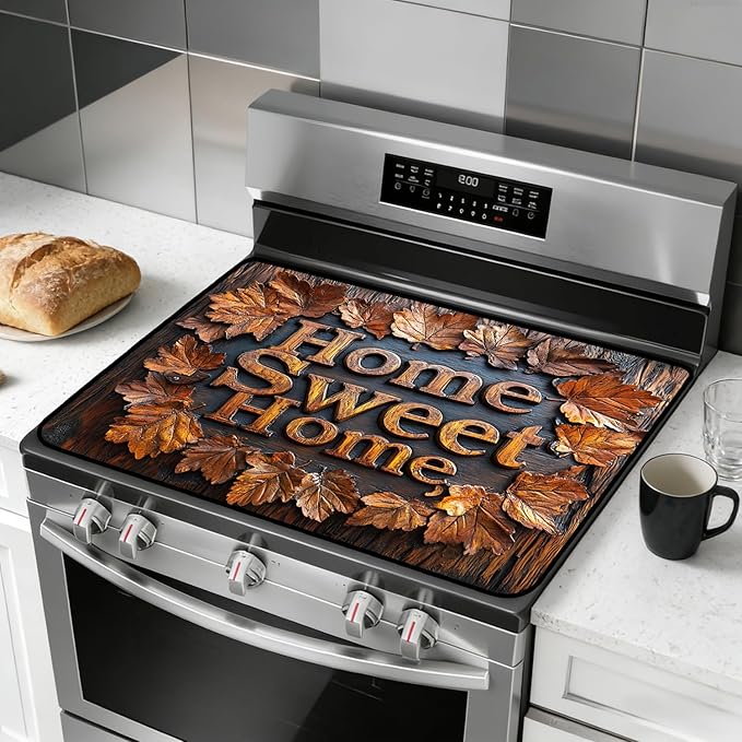 Stove Top Cover for Electric Stove, Vintage Farmhouse Style Glass Cooktop Protector, Multi-functional Kitchen Counter & Washer Top Cover