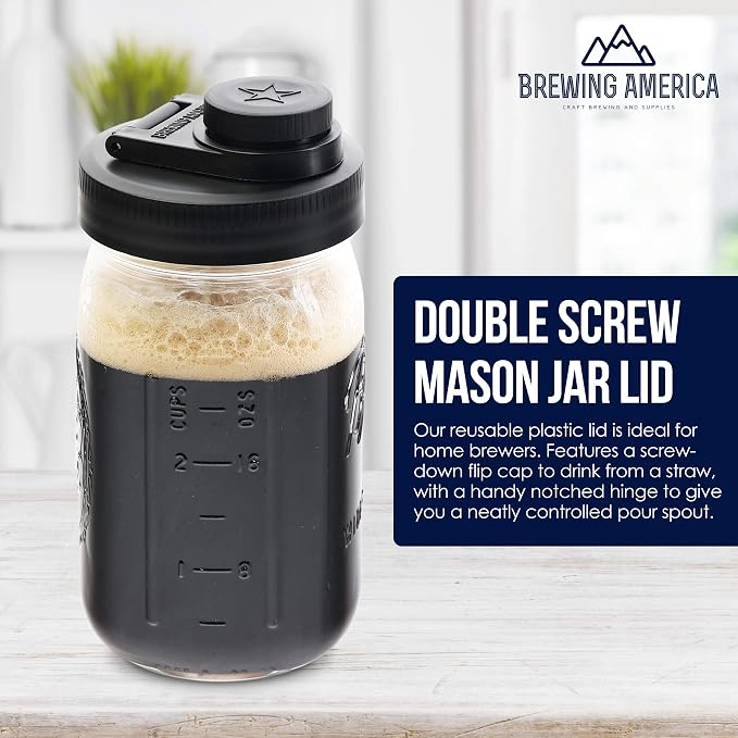 Brewing America Glass Mason Jar Pitcher with Lid - Azure Standard Jars, 1 Quart (32 oz) with Black Wide Mouth Pour Lid, for Smoothie, Boba Cup, Sun Tea, Cold Coffee Glass Tumbler, 2-Pack