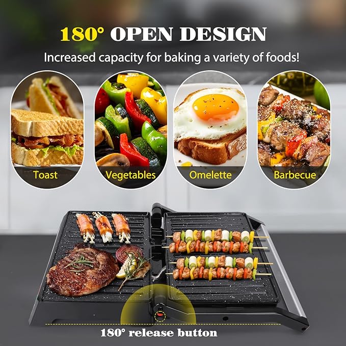 Aigostar 2in1 Sandwich Maker Panini Press Grill with Nonstick Plates, and Aigostar Panini Press, 1200W Sandwich Maker and Electric Indoor Grill with Ceramic Non-Stick Coated Plates, Opens 180°
