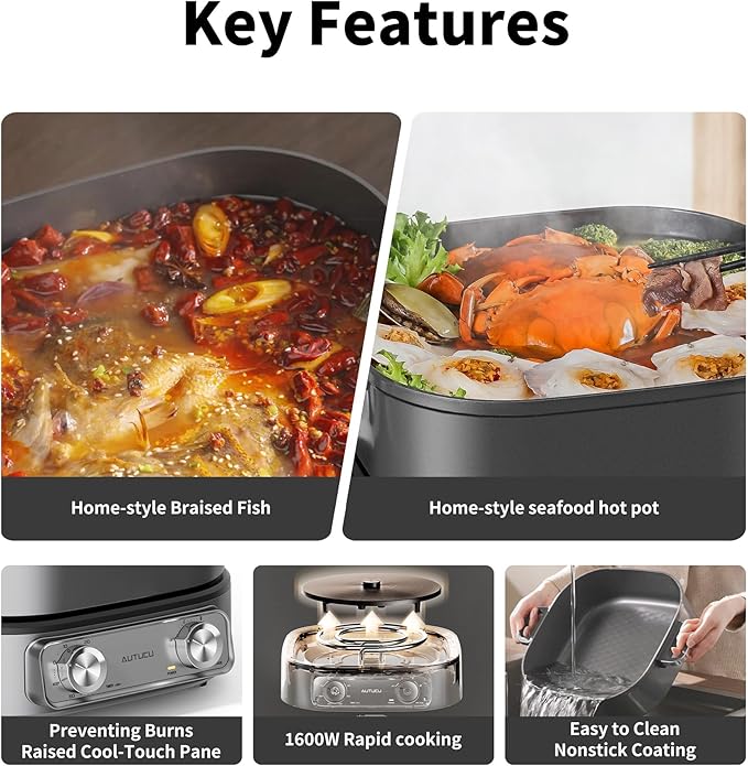6-Quart Electric Skillet, Hot Pot | Non-Stick PFOA-Free Ceramic-Coated Pot, 1600W, Timer & 3 Power Settings for Steak, Egg, Ramen, Nonstick Pot
