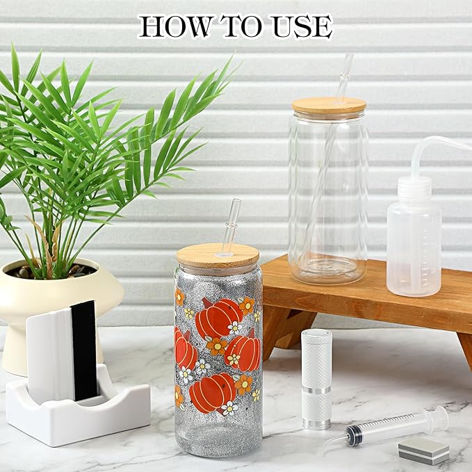 Baderke 20 Pcs Snow Globe Tumbler DIY Kit 16 oz Tumbler Squeeze Bottle, Glitter, Funnel Tweezer Silicone Cup Cradle Measuring Cup Glove Flashlight Buffer for Beginner(White,Classic)