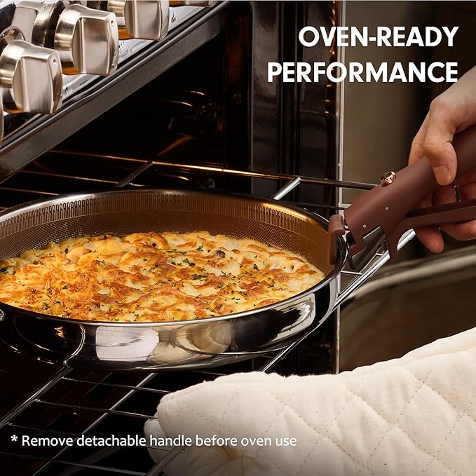 CAROTE 22pcs Hybrid Nonstick Pots and Pans Set, Stainless Steel Cookware Set with Honeycomb Titanium Interior, Induction Safe, Oven Safe, Brown (PFOS, PFOA Free)