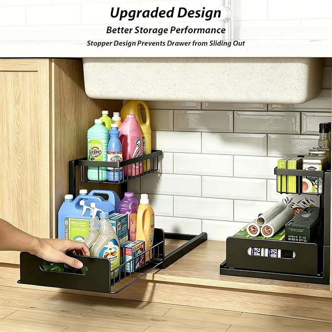 2 Pack Upgraded Under Sink Organizer, 2 Tier Pull out Kitchen Cabinet Organizer Metal Slide out Bathroom Organizers and Storage Makeup Drawer Organizer for Office Bedroom Restroom Living Room, L-Black