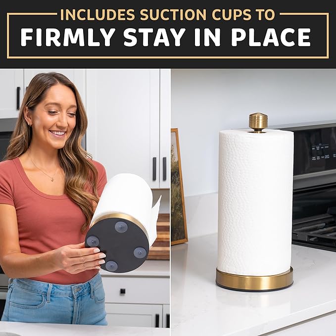 Heavy-Duty Stainless Steel Paper Towel Holder - Easy One-Handed Tear with Suction Cups - Modern Weighted Standing Countertop Dispenser for Kitchen - Holds All Paper Towel Rolls, Gold