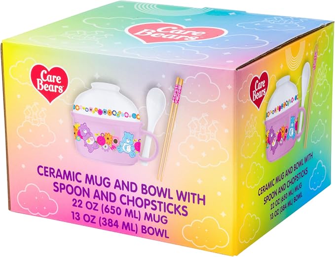 Silver Buffalo Care Bears Soup Mug and Bowl Lid with Spoon and Chopsticks Featuring Bedtime Bear, Best Friend Bear, Wish Bear, and Cheer Bear, 13 Ounce Bowl Lid and 22 Ounce Mug