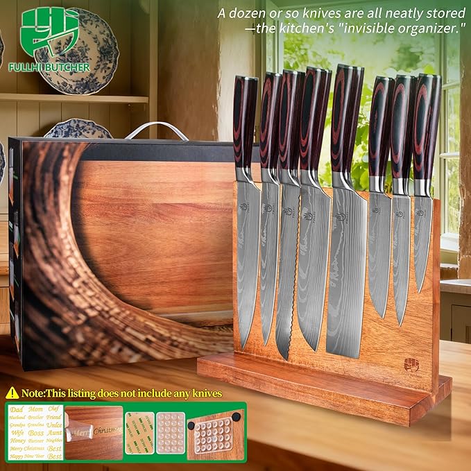 FULLHI Kitchen Magnetic Knife Block Holder, Knife Magnetic Strip with Enhanced Magnets natural wood Multifunctional Storage Holder for Kitchen Utensil, Knife Set, Scissors,Spice Ja