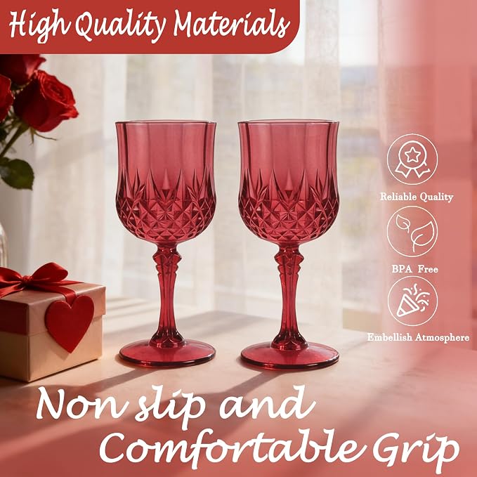 Plastic Wine Glasses, Plastic Goblets Vintage Style Cordial Unbreakable Drinking Glasses, Reusable Drinkware for Wedding Reception, Grand Event Party Supplies (12, Burgundy)