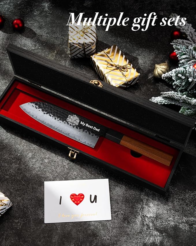FAMCÜTE Engraved 7‘’ Japanese Santoku Knife, Hand Forged 5-Layer Steel Chef'Knife with Rosewood Handle, Memorial Gifts for husband, Ultra Sharp Kitchen Knife for Dad Birthday Gift (Luxury Wood Box)