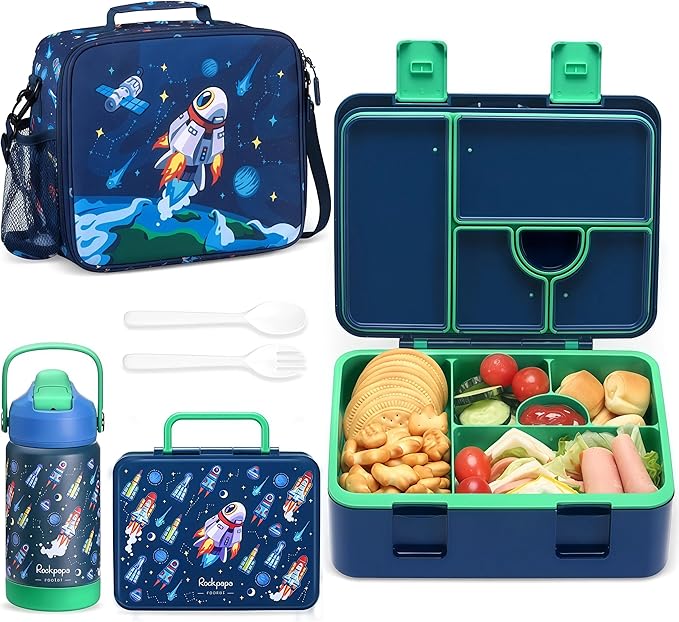 rockpapa Kids Lunch Box Set with 14oz Insulated Water Bottle & Lunch Bag, Leakproof 5.5 Cups Bento Box for School & Children, BPA-Free, Microwave Safe for Boys Girls (Blue Rocket)
