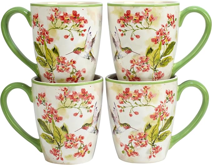 Hummingbirds 14 oz. Ceramic Mugs, Set of 4 – Assorted Watercolor Bird & Floral Designs, Microwave & Dishwasher Safe, Giftable Nature-Inspired Coffee Cups for Tea, Cocoa & Hot Beverages