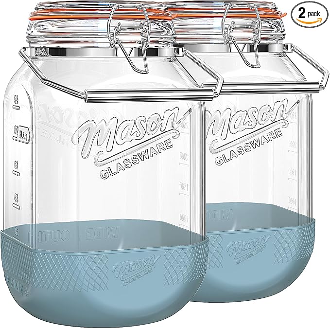 2 Pack Square 1 Gallon Glass Jar with Airtight Lid, Large Mason Jars Wide Mouth 128 Oz with Scale Marks & Handle, Glass Storage Containers with Anti-slip Base for Kitchen, Pantry, Laundry Room, Flour