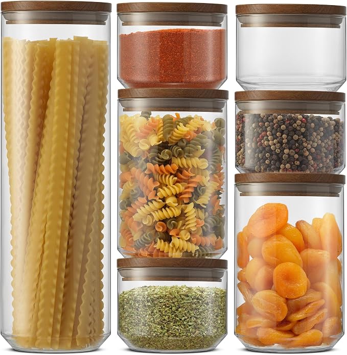 JoyJolt Holden 7-Piece Stackable Glass Storage Containers with Lids, Airtight Food Canister Set with Acacia Wood Lids, Round Stacking Pantry and Kitchen Containers for Pasta, Flour, Sugar, Coffee