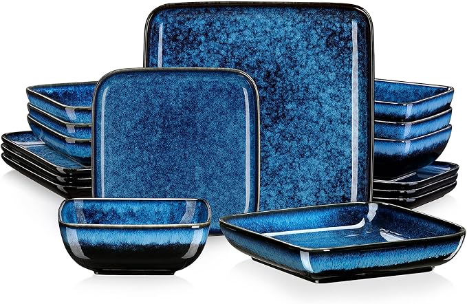 vancasso Stern Blue Square Dinnerware Set for 4, 16 Piece Reactive Glaze Stoneware Plates and Bowls Set, Modern Kitchen Dish Set with Dinner Plates, Salad Plates, Soup Plates and Bowls