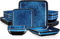 vancasso Stern Blue Square Dinnerware Set for 4, 16 Piece Reactive Glaze Stoneware Plates and Bowls Set, Modern Kitchen Dish Set with Dinner Plates, Salad Plates, Soup Plates and Bowls