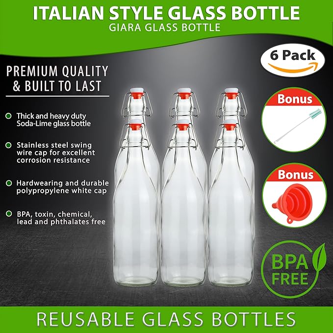 Flip Top Glass Bottle [1 Liter / 33 fl. oz.] [Pack of 6] – Swing Brewing with Stopper for Beverages, Oil, Vinegar, Kombucha, Beer, Water, Soda, Kefir Airtight Lid & Leak Proof Cap Clear