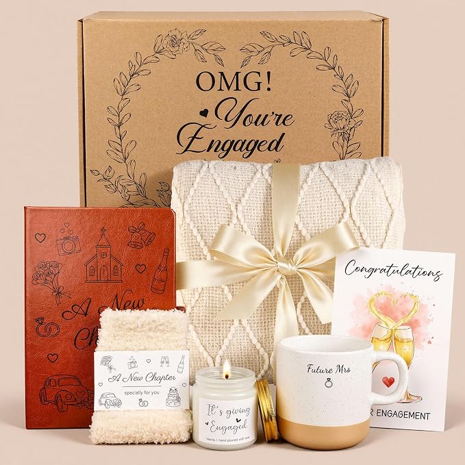 Engagement Gifts for Women, Bride to Be Gift Box, Future Mrs Mug, Newly Engaged Gifts for Best Friend, Engagement Gift Set with Cozy Blanket, Candle, Journal, Socks, Bridal Shower Present for Bride