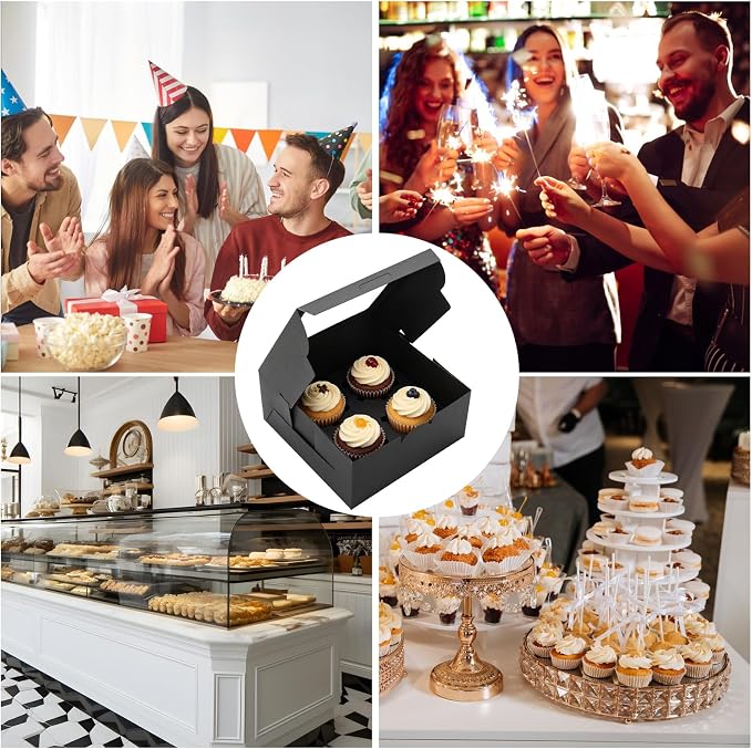 100 Pcs Cupcake Boxes, Cupcake Box Set, Black Pastry Boxes with Window and 4-Cup Inserts, 6x6x3 in Bakery Cartons for Cookies, Cakes, Muffins, Dessert Transport