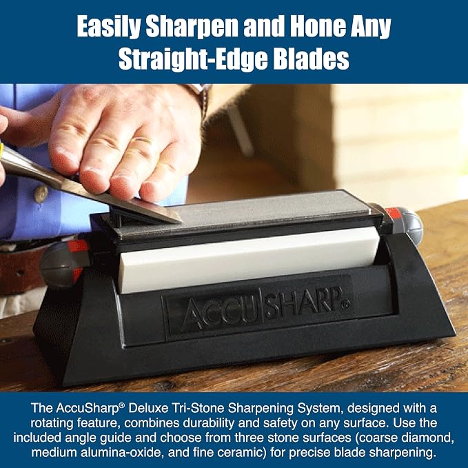 AccuSharp Deluxe Tri-Stone Knife & Tool Sharpening System Kit, Slip Resistant, Mountable Rubber-Grip Base, Quickly Sharpens, Restores, Repairs & Hones All Types of Blades & Knives, Diamond Coated
