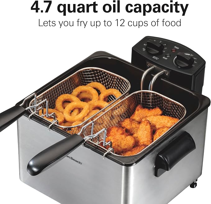 Hamilton Beach Professional Style Electric Deep Fryer With 2 Baskets | 4.5 Liter / 19 Cup Oil Capacity | 1800 Watts | Lid With View Window | Easy Detach Magnetic Cord | Stainless Steel | 35036