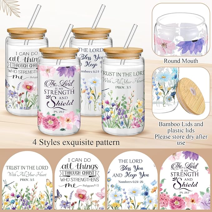 Mumufy 4 Pack Wildflower Glass Cups Gift Aesthetic Cute Glass Cup Tumbler Flower Iced Coffee Mugs 16 oz with Bamboo Lid & Straw, for Wedding Birthday Bridesmaid Mom Baby Shower