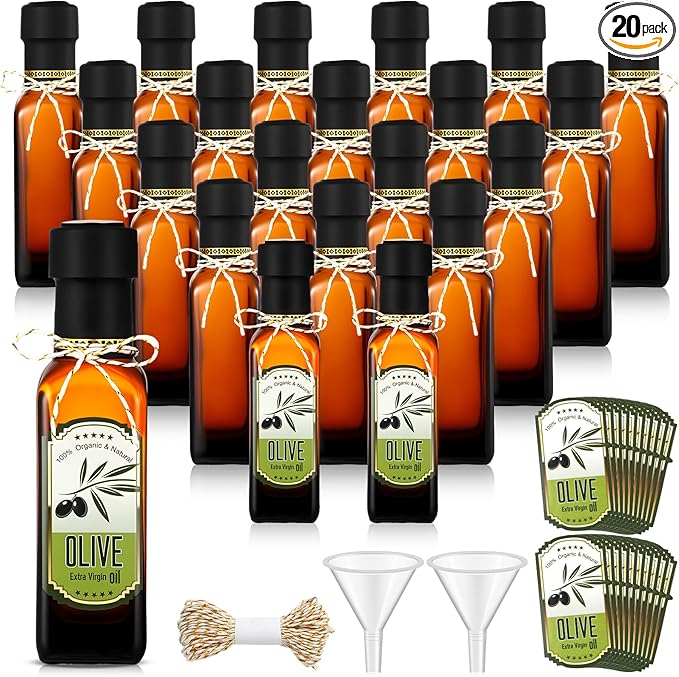 Reallnaive 20 Pcs 4 oz Mini Glass Olive Oil Bottles Empty Sauce Condiment Bottles with Dropper Inserts and Sticker Seals Caps for Gifts Kitchen (Sqaure,Brown)