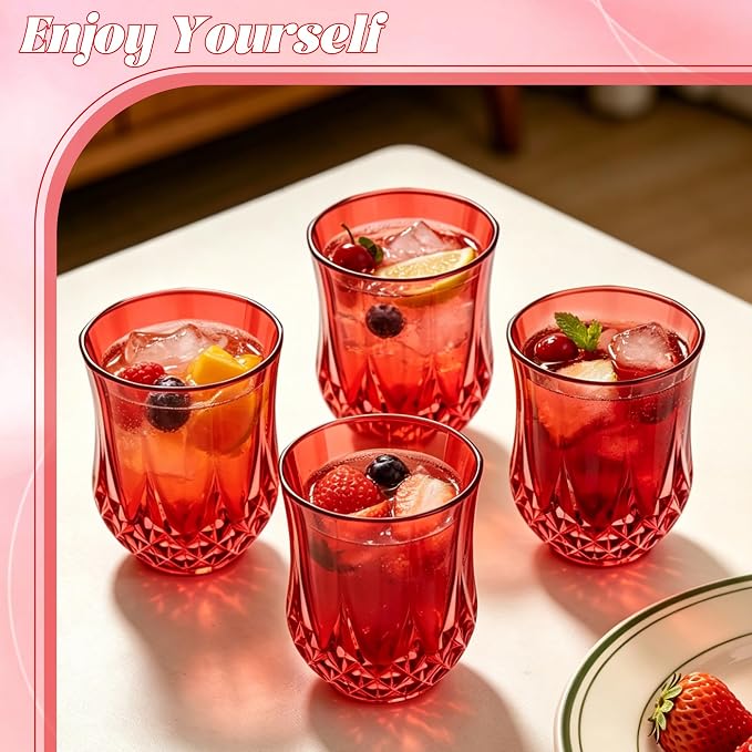 24 Pack Plastic Stemless Wine Glasses,12oz Unbreakable Vintage Elegant Drinking Glass Set,Reusable Fancy Cocktail Cups for Party, Wedding, and Bulk Events (24, 12oz-Red)