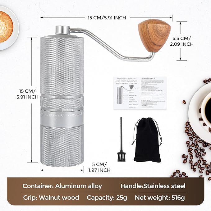 Manual Coffee Grinder CNC Stainless Steel Conical Burr Coffee Grinder Hand with 60 Adjustable Coarseness For Espresso, Drip Coffee, French Press Portable Coffee Bean Grinder (Silvery)