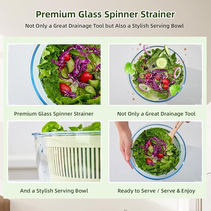 Borosilicate Glass Large Salad Spinner Vegetable Washer 5.2 Quart BPA-Free Slicer Drain with 5 Chopping Blades Dishwasher Safe Handle Washing and Dehydrating Lettuce Fruit Veggie Bowl
