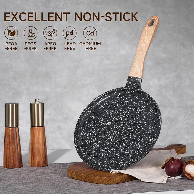 JEETEE Crepe Pan Nonstick, 9.5 Inch Comales Para Tortillas Griddle Pan for Stove Top, Granite Coating Flat Pancake Pan Dosa Tawa, PFOA FREE and Induction Compatible (Grey)