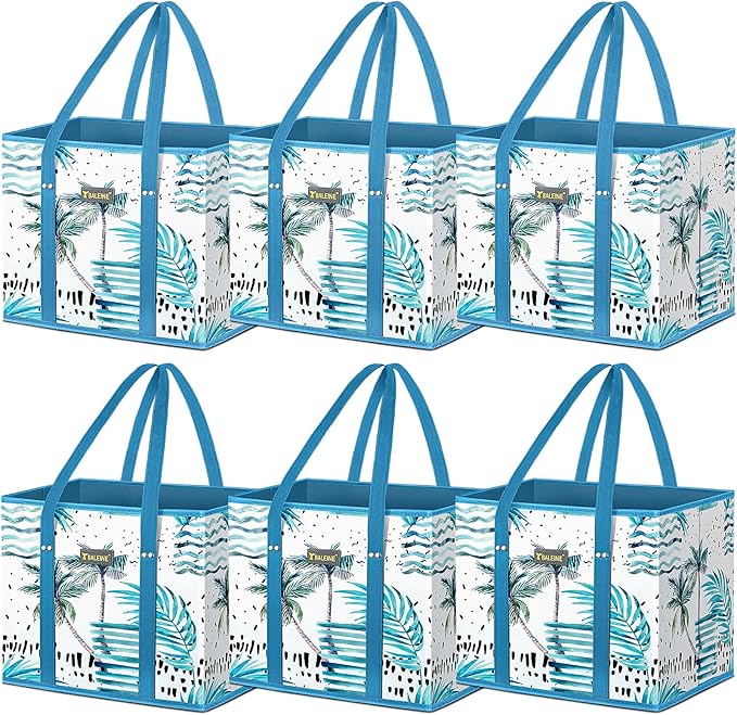 BALEINE 6Pk Reusable Grocery Bags, Foldable Shopping Bags for Groceries with Reinforced Bottom & Handles (Island Breeze)