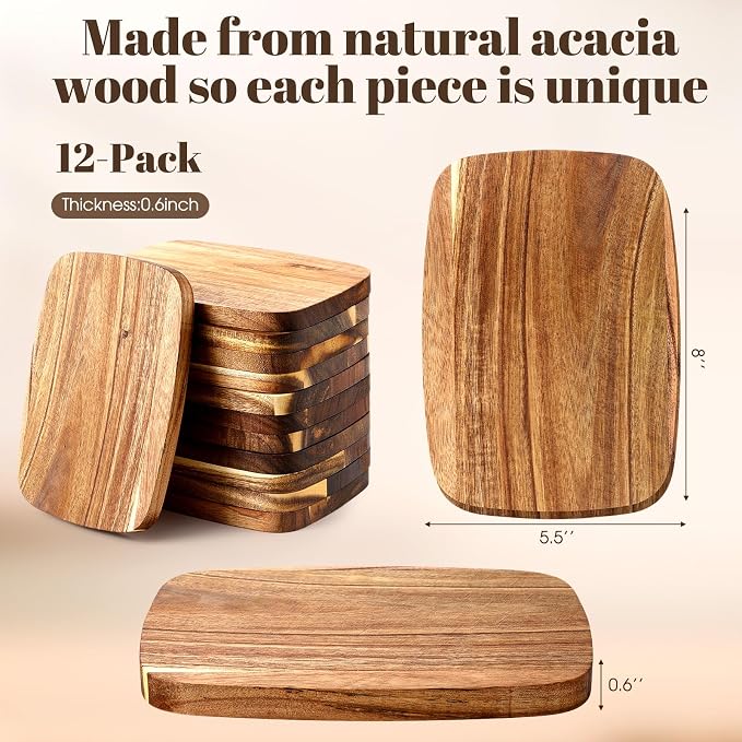 GlikCeil 12 Pcs Thick Acacia Wood Cutting Boards for Kitchen Reversible Wooden Chopping Board Set Double Sided Charcuterie Boards for Meat Cheese Meal Supplies(7.87 x 5.51 Inch)