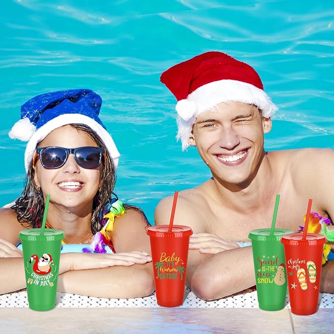 Kochorie 24 Pcs Christmas in July Plastic Cups 24 Oz Reusable Summer Christmas Party Cups with Lids and Straws Thick Plastic Tumbler Bulk for Summer Christmas Party Supplies