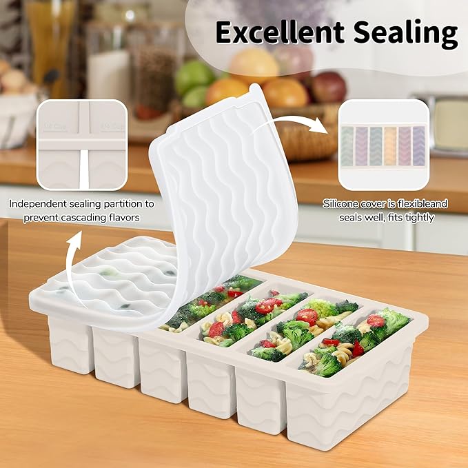 3-Pack Silicone Freezer Trays with Lid,2 Large 2-Cup(500ml)&4 Medium 1-Cup(125ml)&6 Small 1/2-Cup(75ml) Soup Freezer Container Molds,Ice Cube Tray For Meal Prep&Freezing Soup,Stews,Sauces