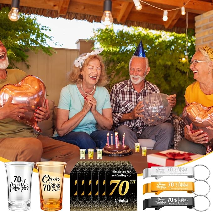 Domensi 50 Sets 70th Birthday Party for Guests Bulk Include Cheers to 70 Short Glasses Beer Bottle Opener Keychains Thank You Cards with Gift Bags and Ropes for Birthday Party Gifts