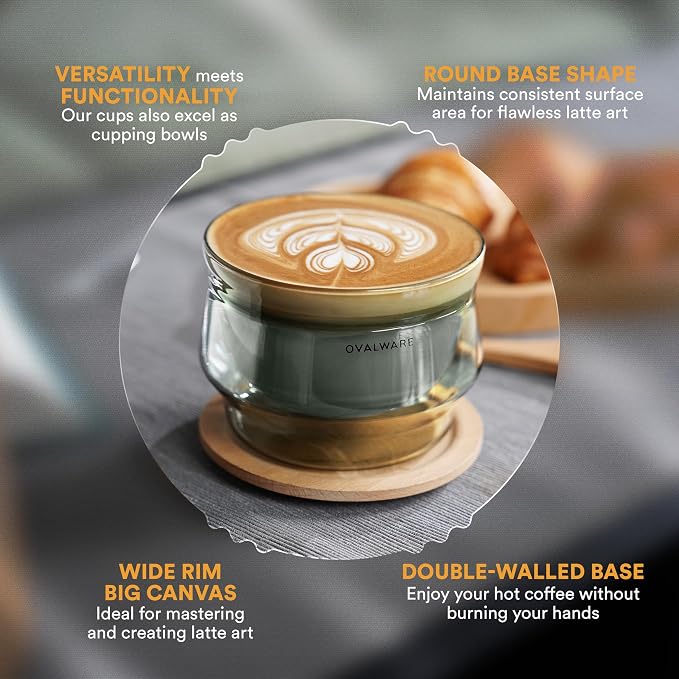 ovalware 8.5oz Double Wall Latte Cups, Latte Set of 2 Sized Cups with Wide Rim for Artistic Designs - Stealth Gray and Espresso Pouring Glass Set of 2 | Double-Wall 2.7oz/80ml Shot Measuring Cup