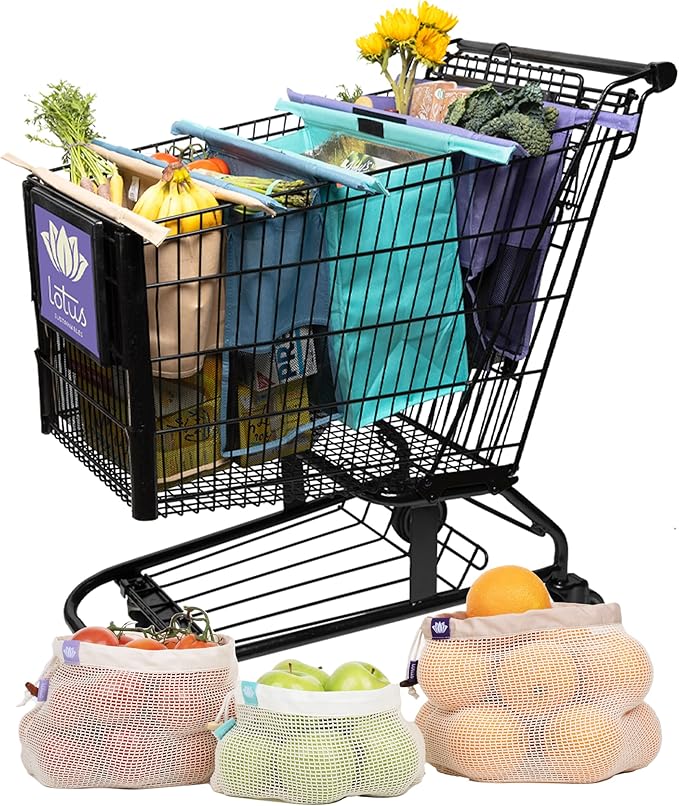 Lotus Trolley Bag and Lotus Organic Cotton Reusable Produce Bags Bundle - Eco-Friendly Solution to Sanitary Grocery Shopping!