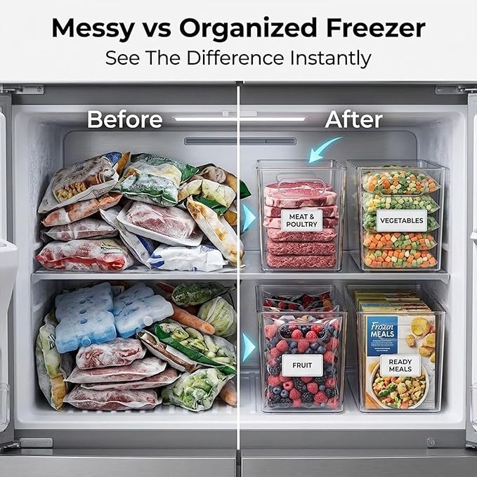 Crystal Clear Freezer Storage Bins, Stackable Fridge Organizer Bins with Handles, Clear Plastic Food Containers for Refrigerator and Pantry, Kitchen Organization for Meat & Veggies (Green*8, S+L)