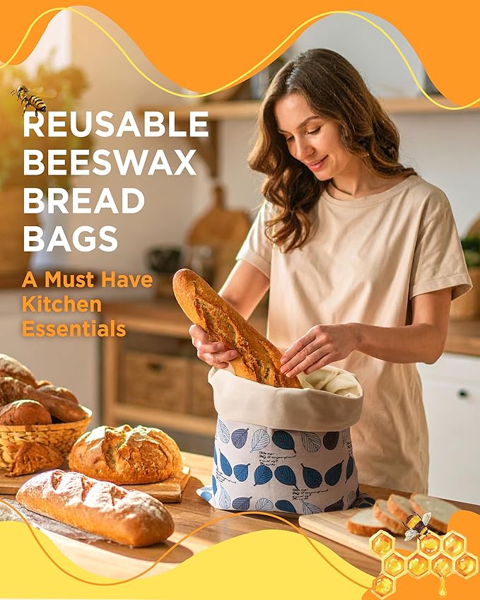 Reusable Beeswax Bread Bag for Homemade Bread, Extra Large Cotton Sourdough Bread Storage Bags, Freezer Safe Bread Keeper for Baker | Breathable material
