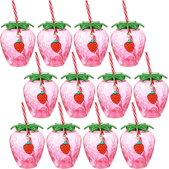 LemonRoad 12 Pcs 17 oz Strawberry Shaped Cups with Lids and Straws Reusable Cute Drinking Cups Strawberry Water Bottles for Hawaiian Summer Party