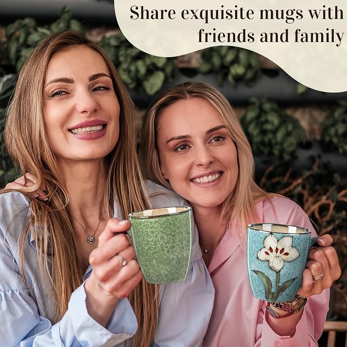 Maxdot 2 Pcs 12oz Ceramic Coffee Mugs Sets Glazing Process Cappuccino Mug Floral Ceramic Tea Cups Idea Gift Set for Women Porcelain Cup for Coffee, Cocoa, Tea, Latte (Retro) (Fresh)