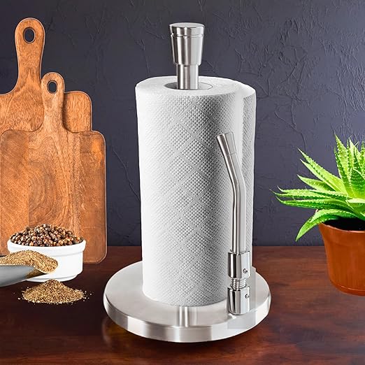 OGGI Stainless Steel Paper Towel Holder - with Tension Arm and Tear Bar, 13" Height - Stainless Steel Construction