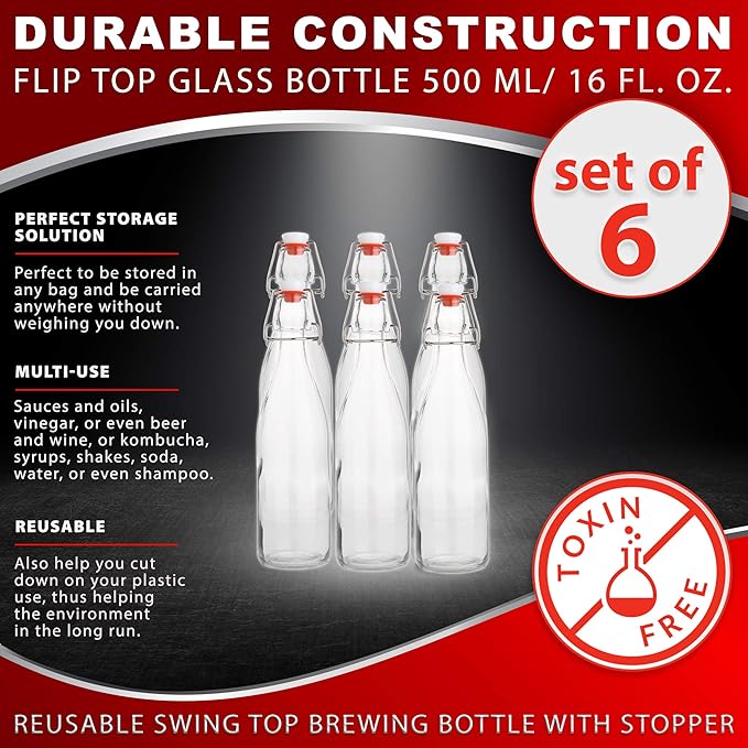 AYL Flip Top Glass Bottle [16 fl. oz./Pack of 6]– Swing Top Brewing Bottle with Stopper for Beverages, Oil, Vinegar, Kombucha, Beer, Water, Soda, Kefir – Airtight Lid & Leak Proof Cap – Clear