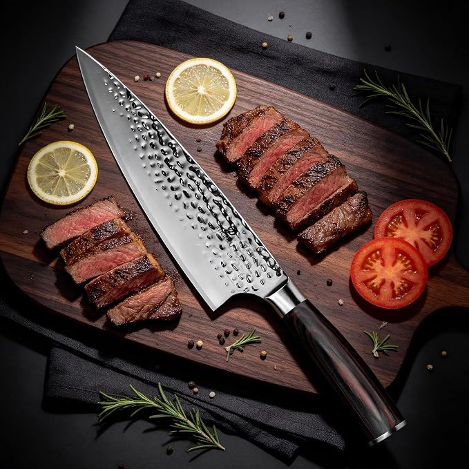 imarku 8 Inch Chef Knife, Hand-Hammered Japanese Kitchen Knife, High Carbon Steel Chef's Knife with Powder Steel Edge, Ultra Sharp Cooking Knife with Ergonomic Handle for Professional & Home Chefs