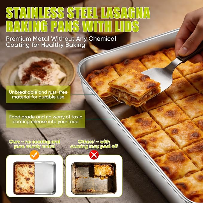 E-far Lasagna Pans with Lids, Stainless Steel Rectangular Cake Baking Pan w/Cover, 12⅓x9¾x2" Brownie Casserole Oven Tray Sheet, Heavy Duty Metal Bakeware, Anti-Rust & Dishwasher Safe, Set of 2