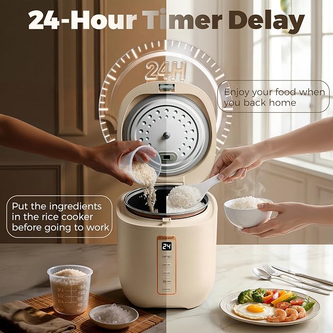 CHACEEF Mini Rice Cooker 2 Cups Uncooked, 1.2L Rice Cooker Small, Portable Non-Stick Small Travel Rice Maker, BPA Free, Smart Control Multifunction Cooker with 24 Hours Timer Delay & Keep Warm Function, Beige