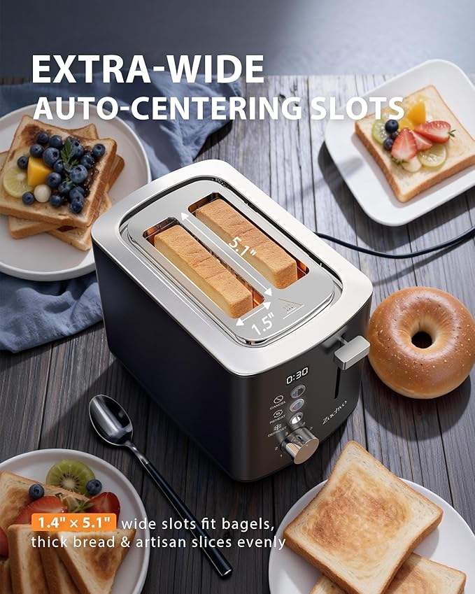 2 Slice Toaster with Wide Slots for Bread & Bagels, Stainless Steel Toaster with Digital Countdown, 6 Shade Settings, Defrost, Reheat & Cancel, Compact Design for Kitchen, Black